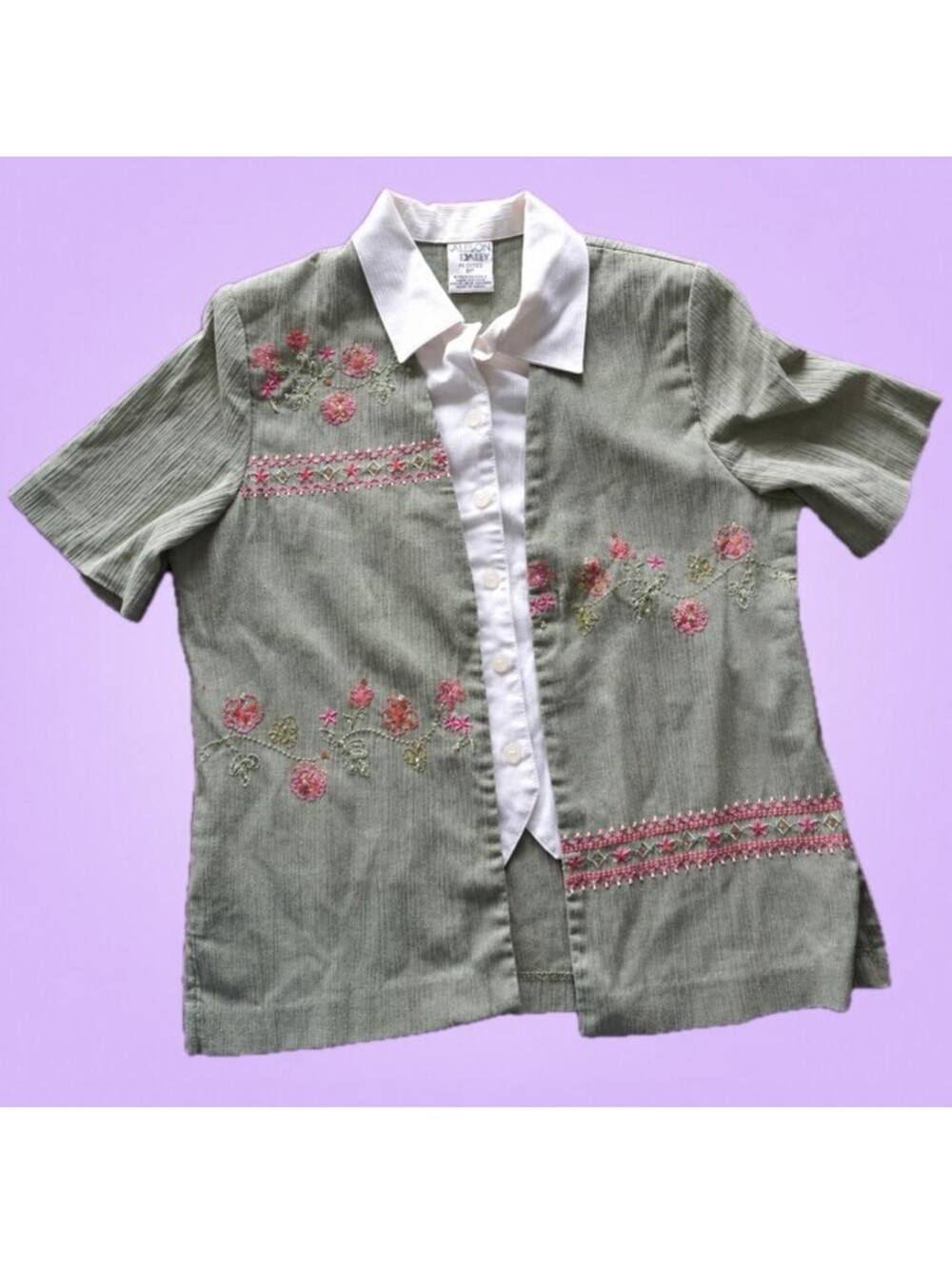 Allison Daley Petites Womens 6P Green Floral Embroidered Beaded Layered Top